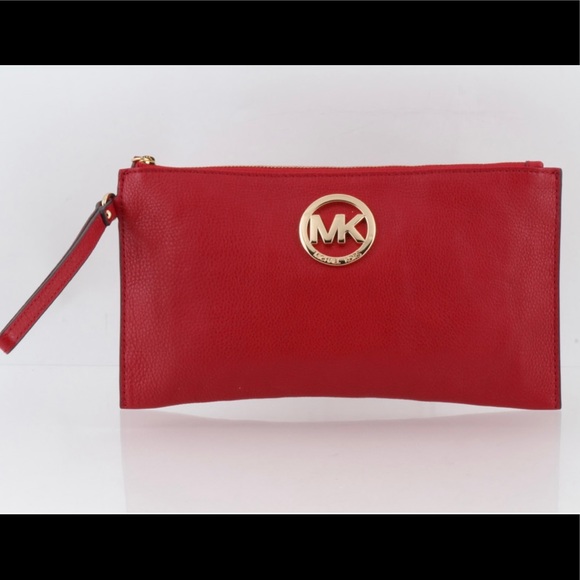NEW - Michael Kors - “Fulton" Large Pebbled W/wristlet - Red Leather Clutch - Picture 14 of 14